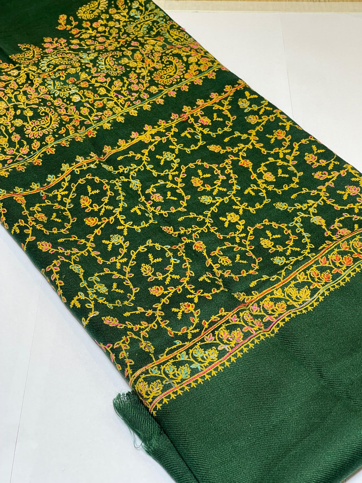 Hand-Embroidered Pashmina Shawl - Bottle Green