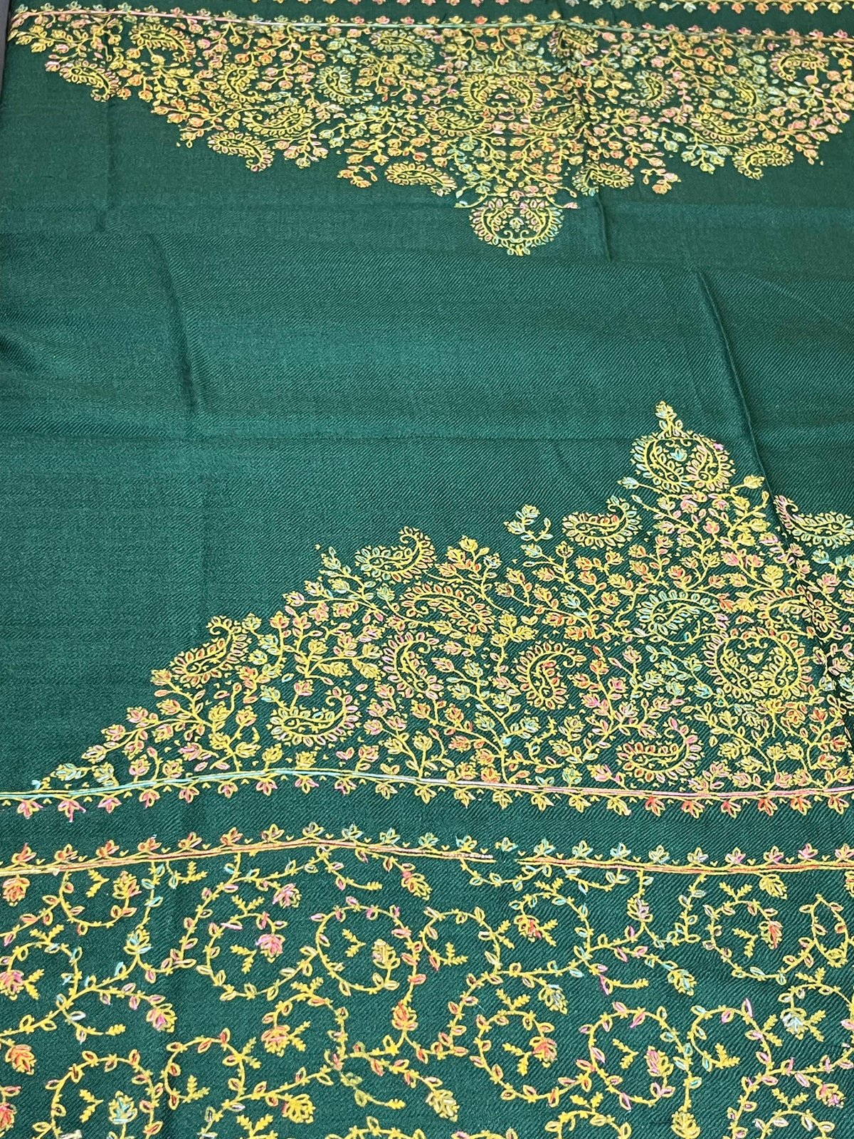 Hand-Embroidered Pashmina Shawl - Bottle Green