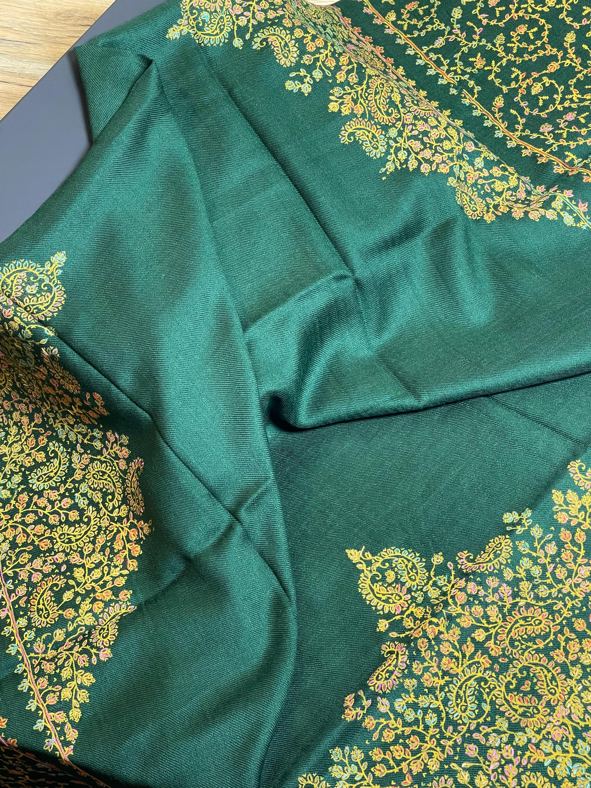Hand-Embroidered Pashmina Shawl - Bottle Green