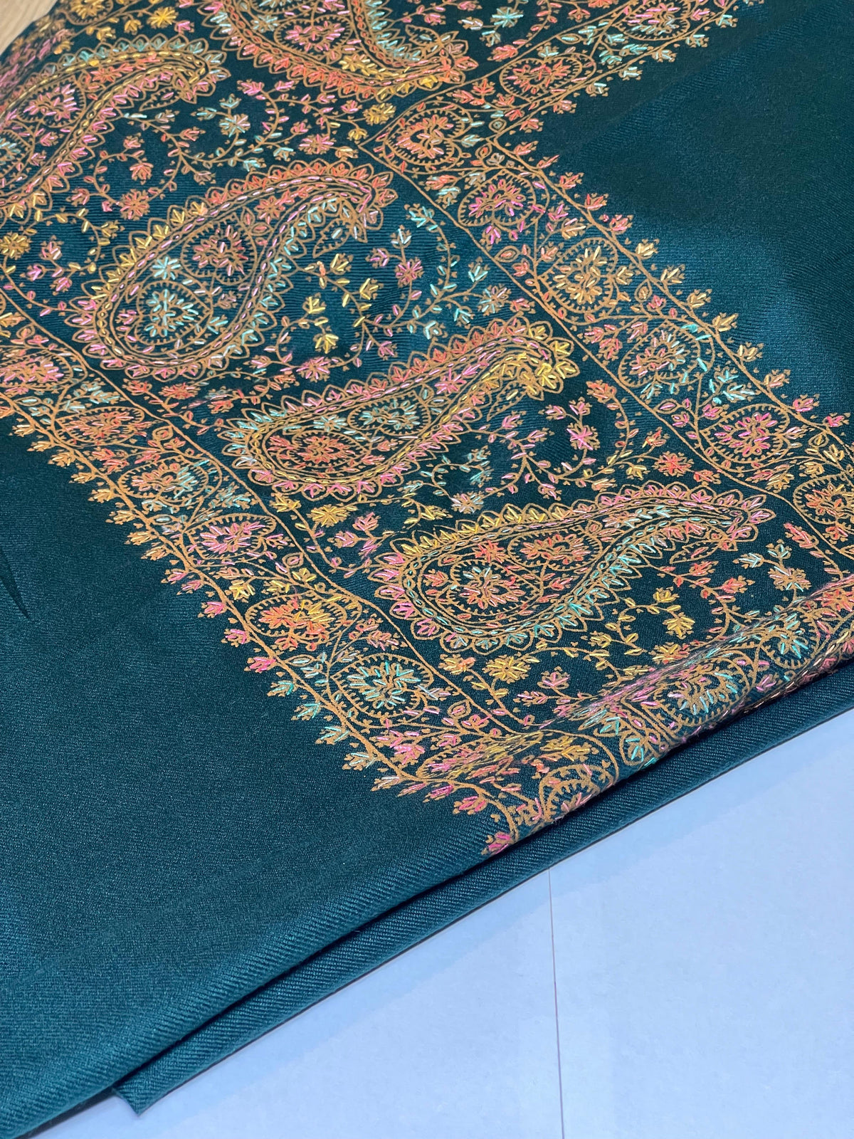 Embroidered Border Pashmina Shawl- Teal Green