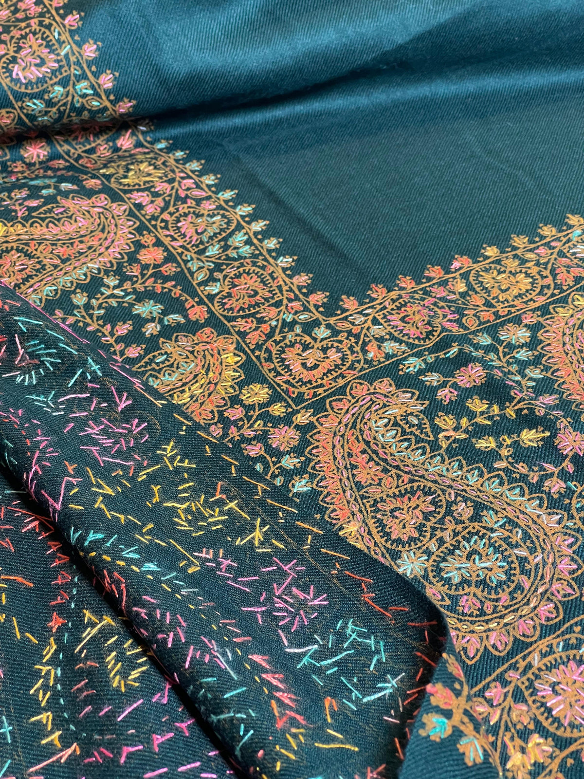 Embroidered Border Pashmina Shawl- Teal Green