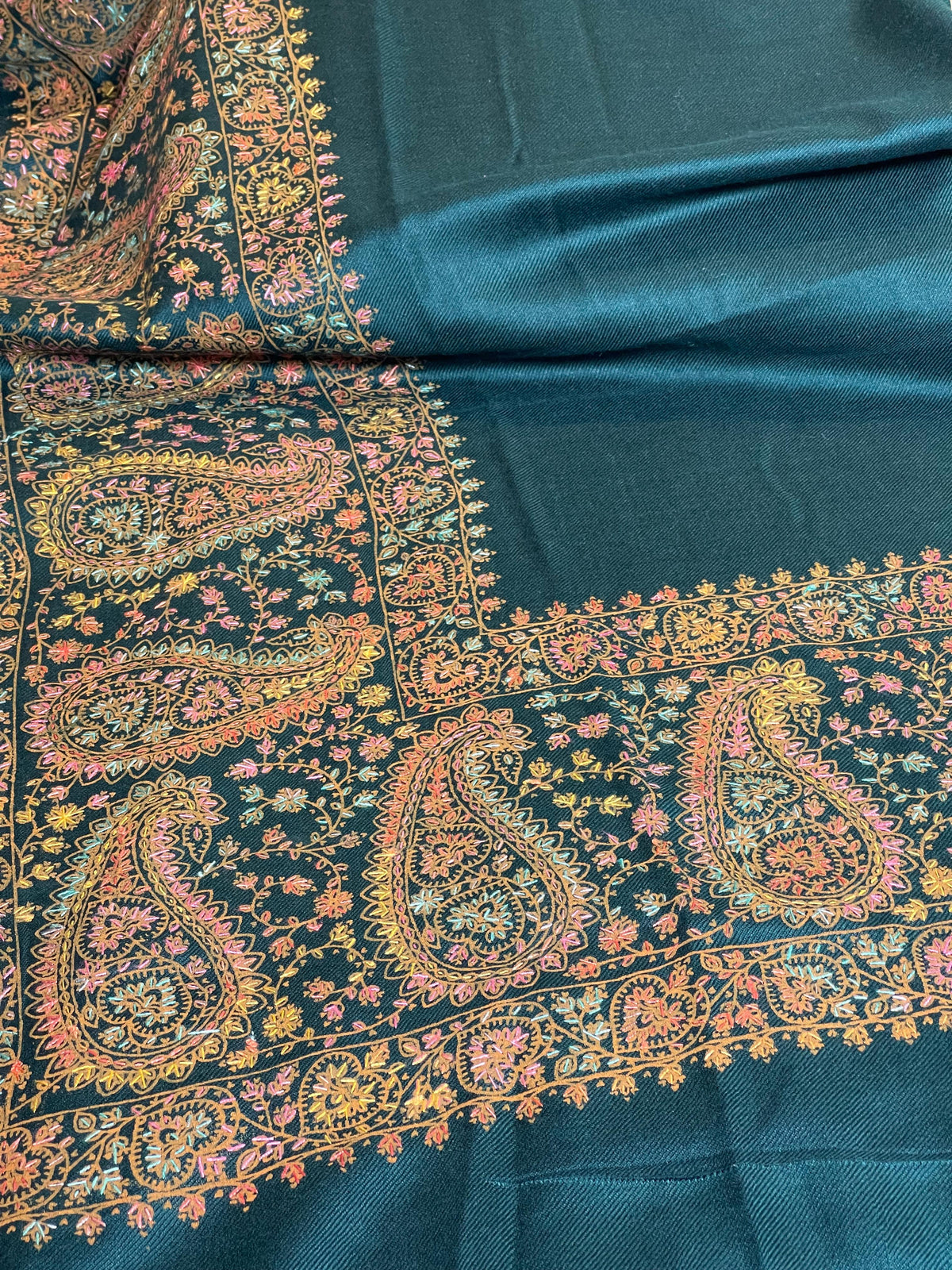 Embroidered Border Pashmina Shawl- Teal Green