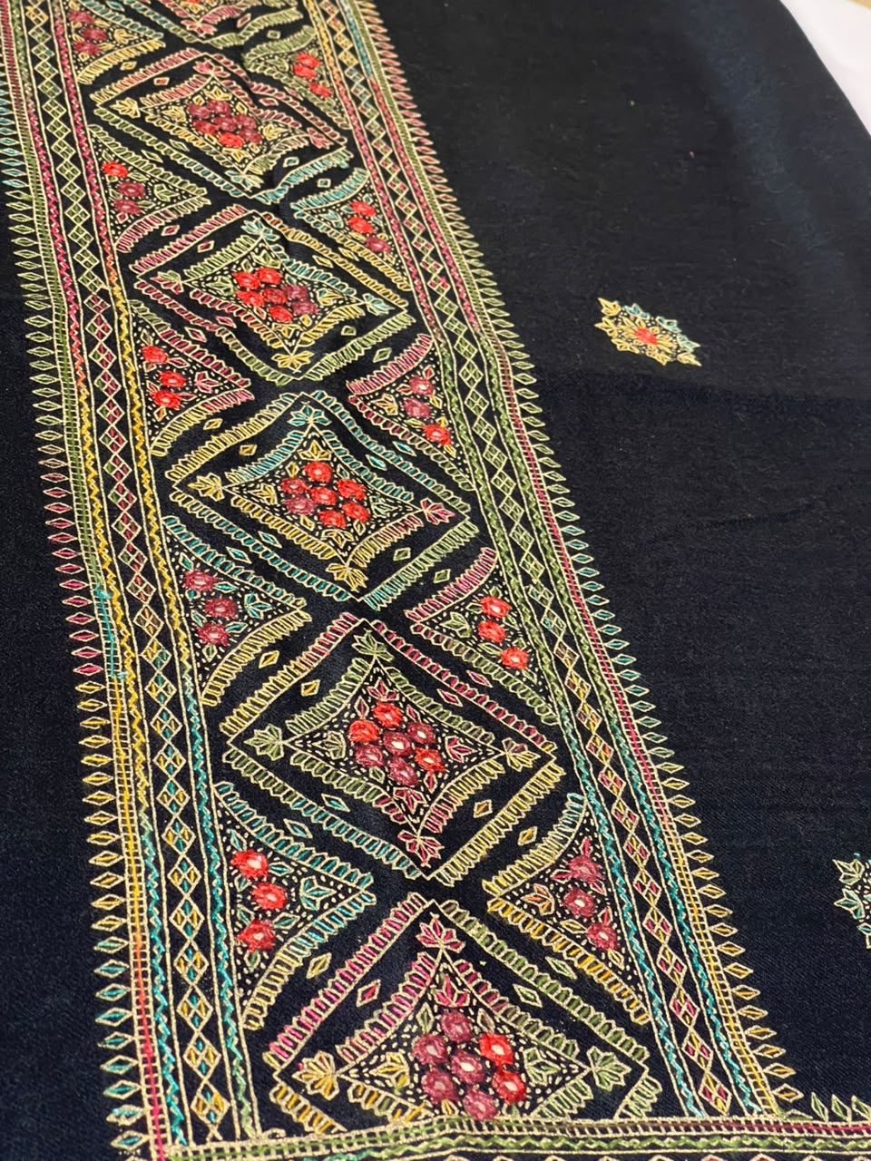 Hand-Embroidered Shesha Jaal Shawl- Black