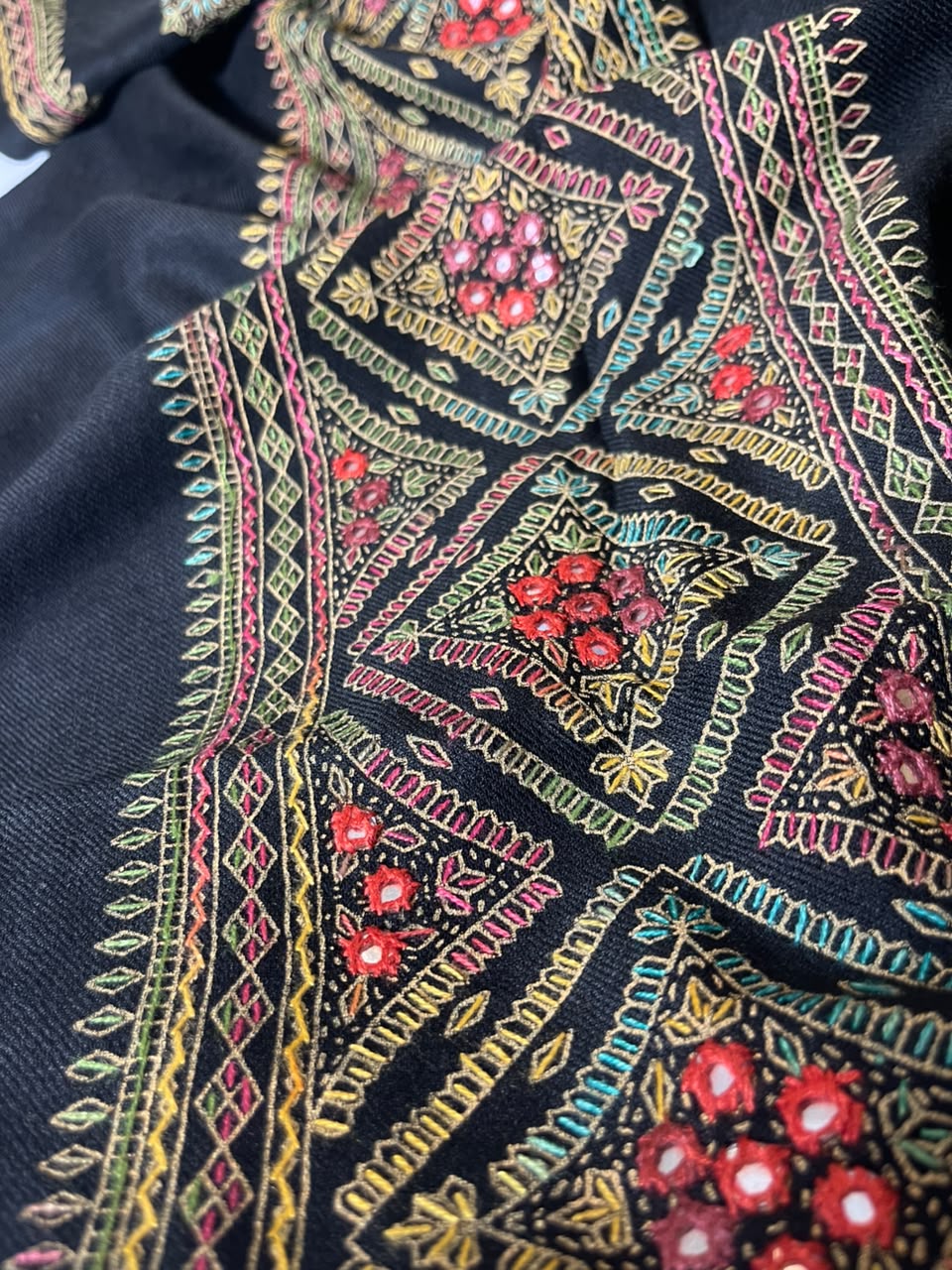 Hand-Embroidered Shesha Jaal Shawl- Black