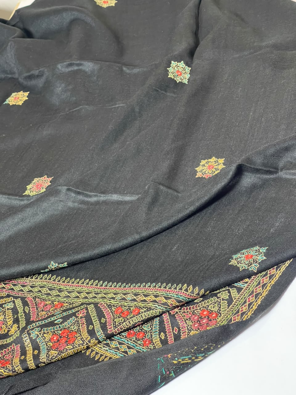Hand-Embroidered Shesha Jaal Shawl- Black