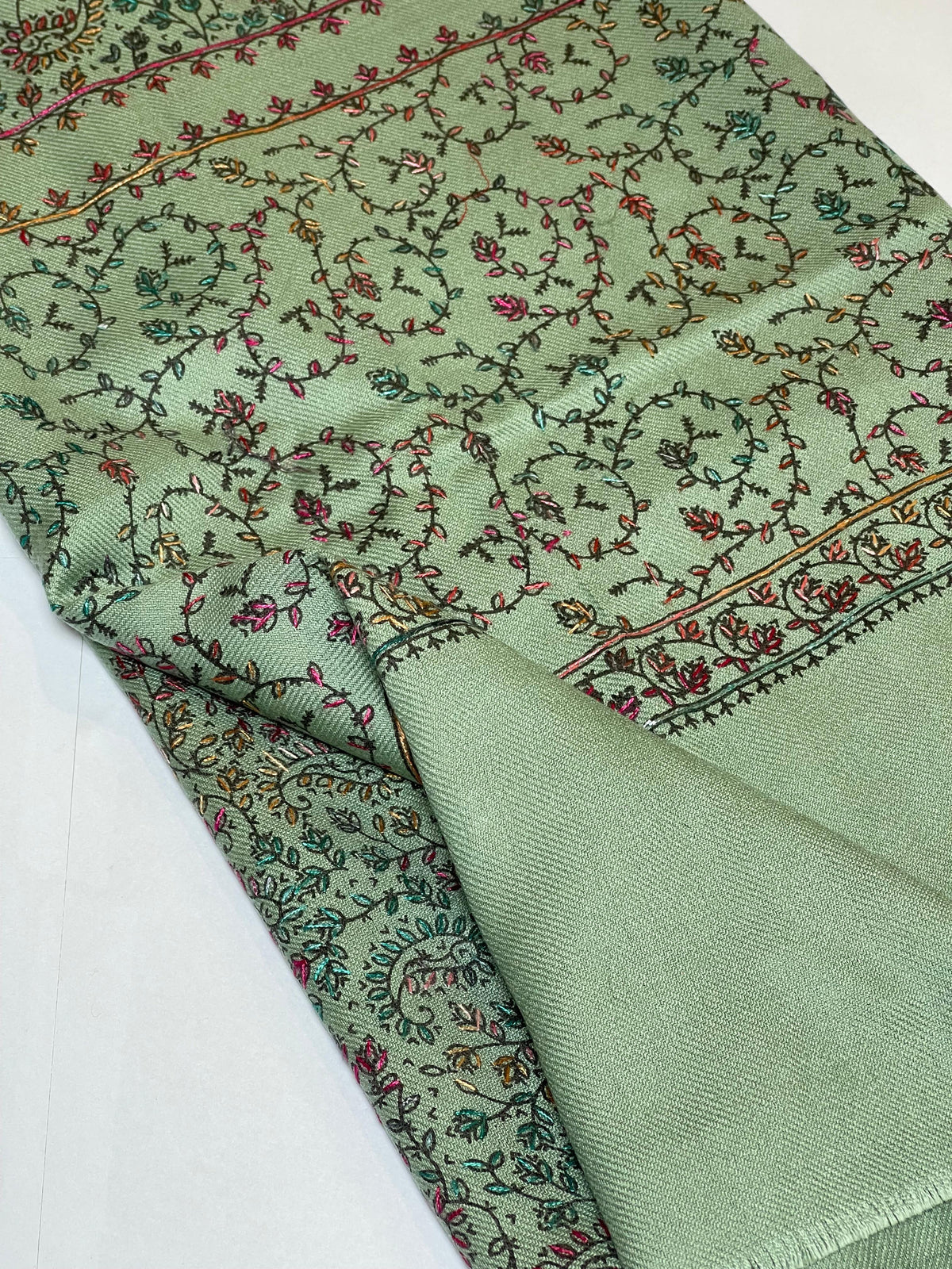 Hand-Embroidered Pashmina Shawl - Bottle Green