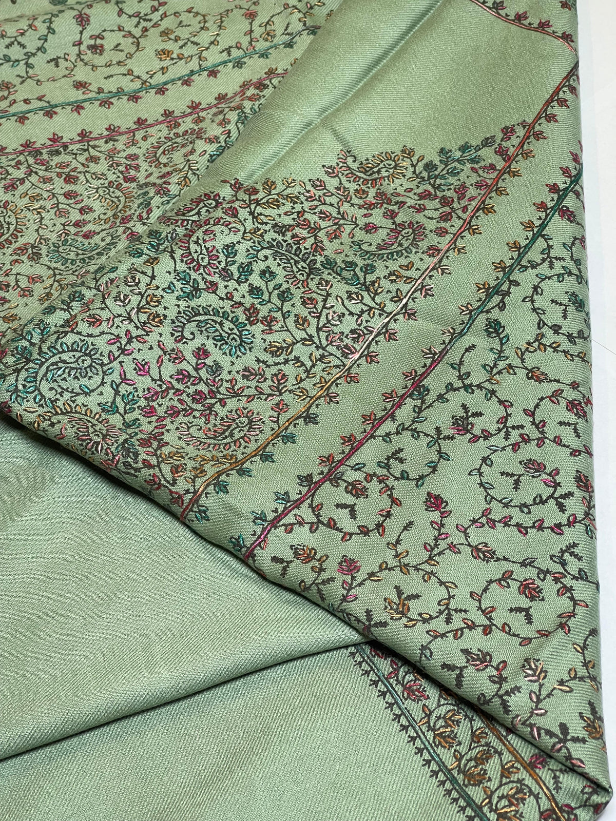 Hand-Embroidered Pashmina Shawl - Bottle Green