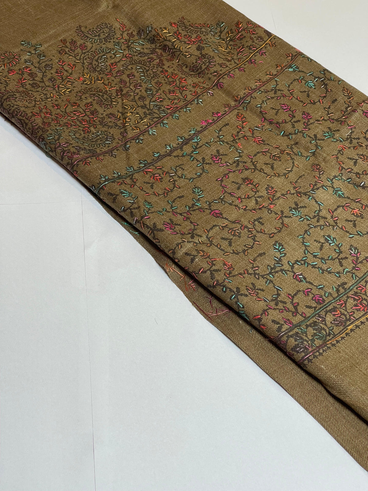 Hand-Embroidered Pashmina Shawl - Bottle Green